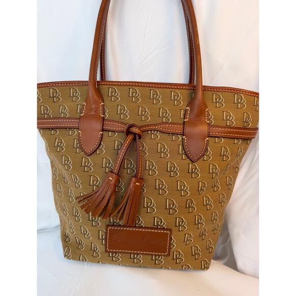 Dooney & Bourke Signature DB Canvas Tote Brown Leather Tassel Shoulder Bag